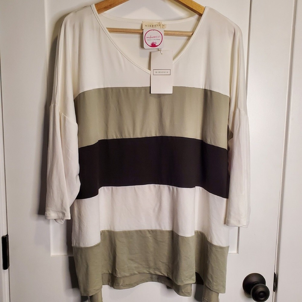 Ninexis Ivory Black Green Color Block 3/4 Sleeved  Blouse Top Size 1X - NWT